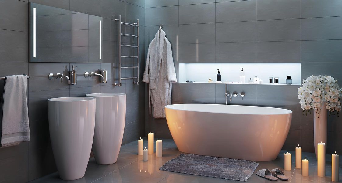 Badezimmer mit einer Badewanne, einem Waschbecken und einem Badheizkörper, die eine entspannende Atmosphäre schaffen.